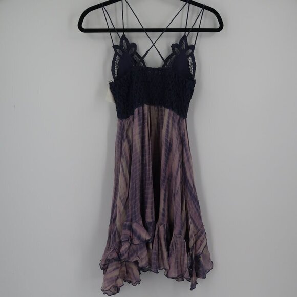 Free People Dress Lace Top Frilled Bottom Dress Blue on Top Purple Bottom XL - Picture 1 of 9